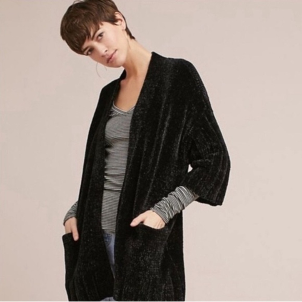 Anthropologie Moth Cardigan Black Chenille Oversized Open Front Lily Women Small